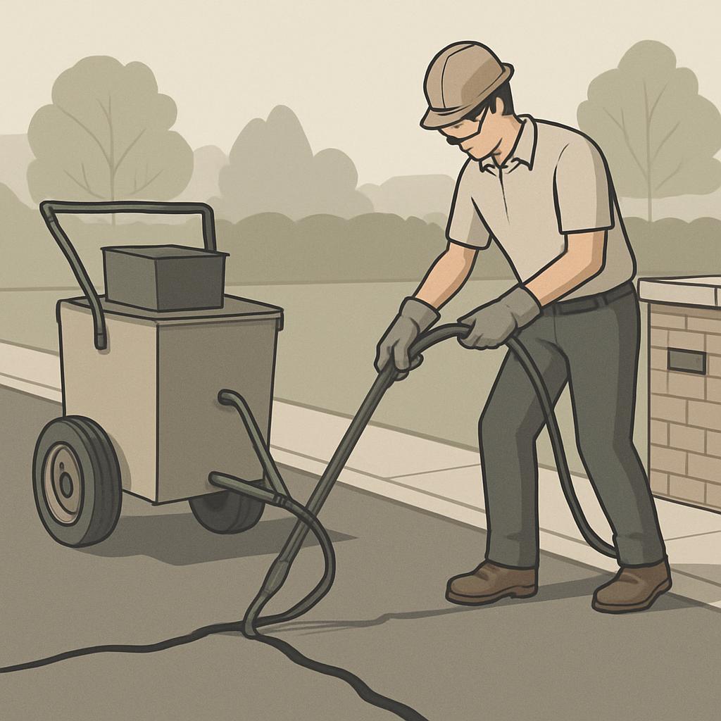 The image depicts a man sealing a crack in a concrete driveway. This person is shown operating a machine that sprays liqui...