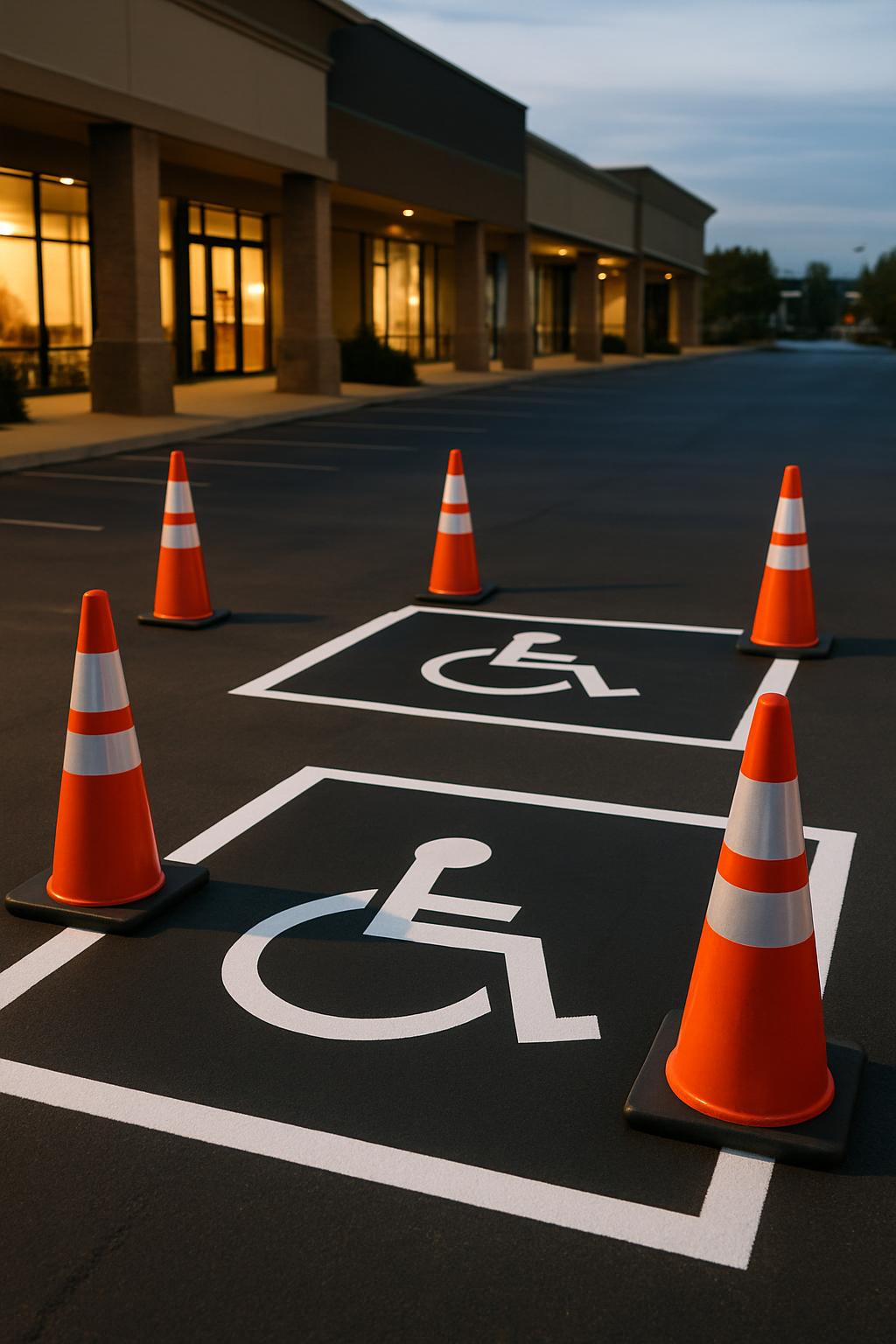 title Parking lot with handicap accessible ramp and ADA compliant spaces.