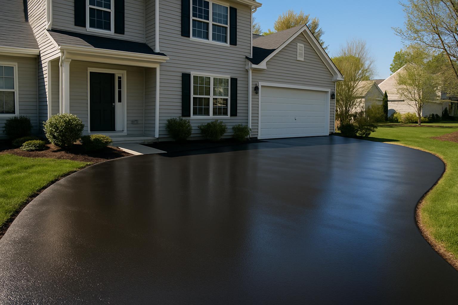 A newly sealed black driveway in front of a house.