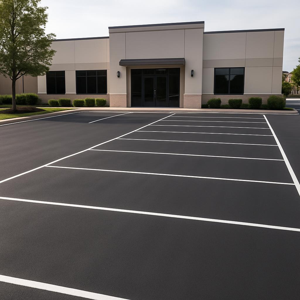 A parking lot in front of a large, modern building with a black asphalt surface and white lines demarcating the parking sp...