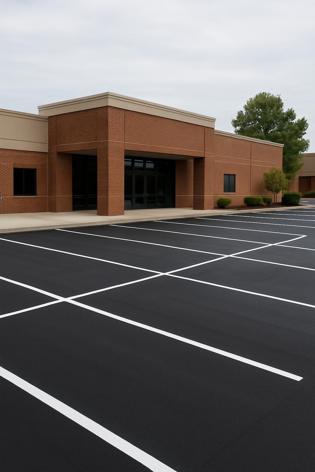 A large, empty parking lot in front of a brick building on an overcast day.