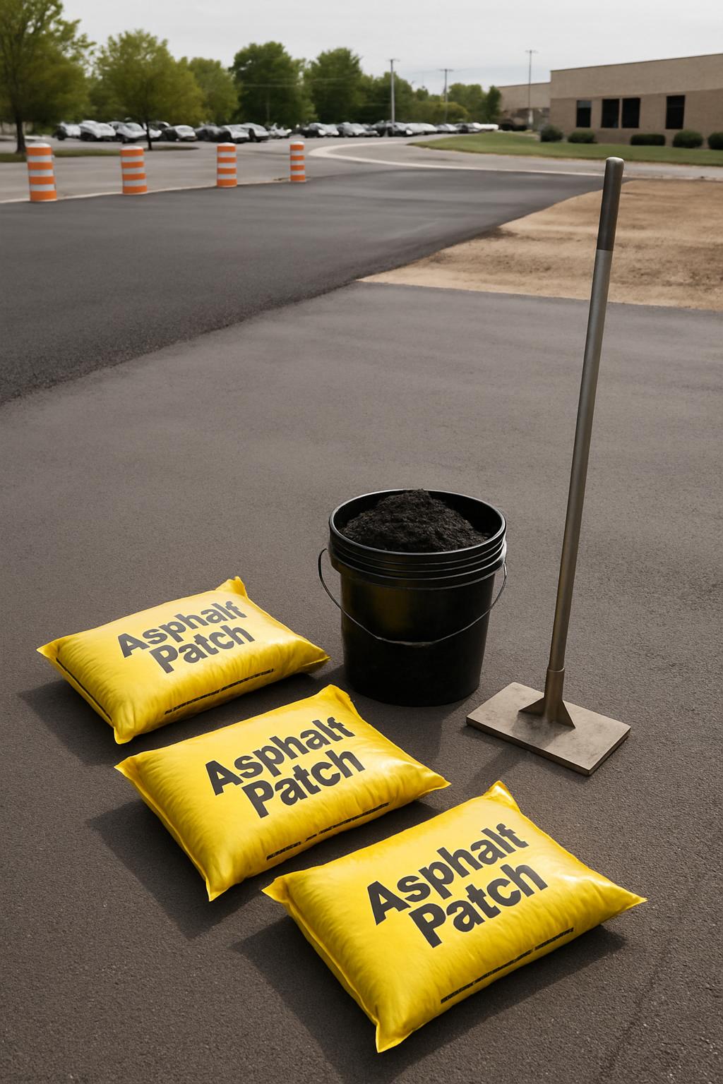 An asphalt patch kit, comprising three yellow bags filled with asphalt, a bucket of asphalt, and a broom, is displayed on ...