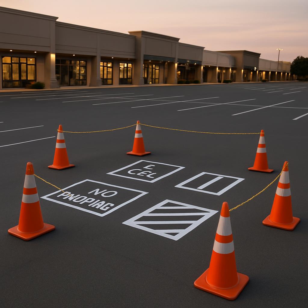 A parking lot with white painted lines, orange and white traffic cones, and warning signs. It is set up like a traffic cou...